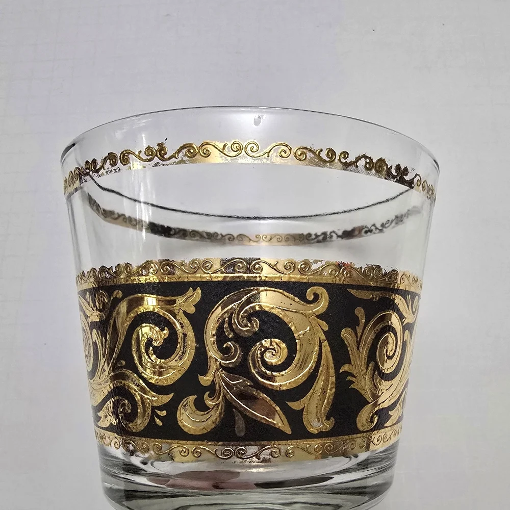 MCM Vintage Culver Ebony Gold Baroque Glass Ice Bucket W/Tongs 4 7/8